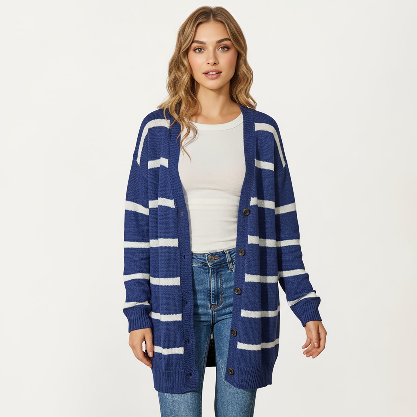 Long Sleeve Striped Knit Button Front Cardigan with Soft Textured Feel and Relaxed Drop Shoulder Fit