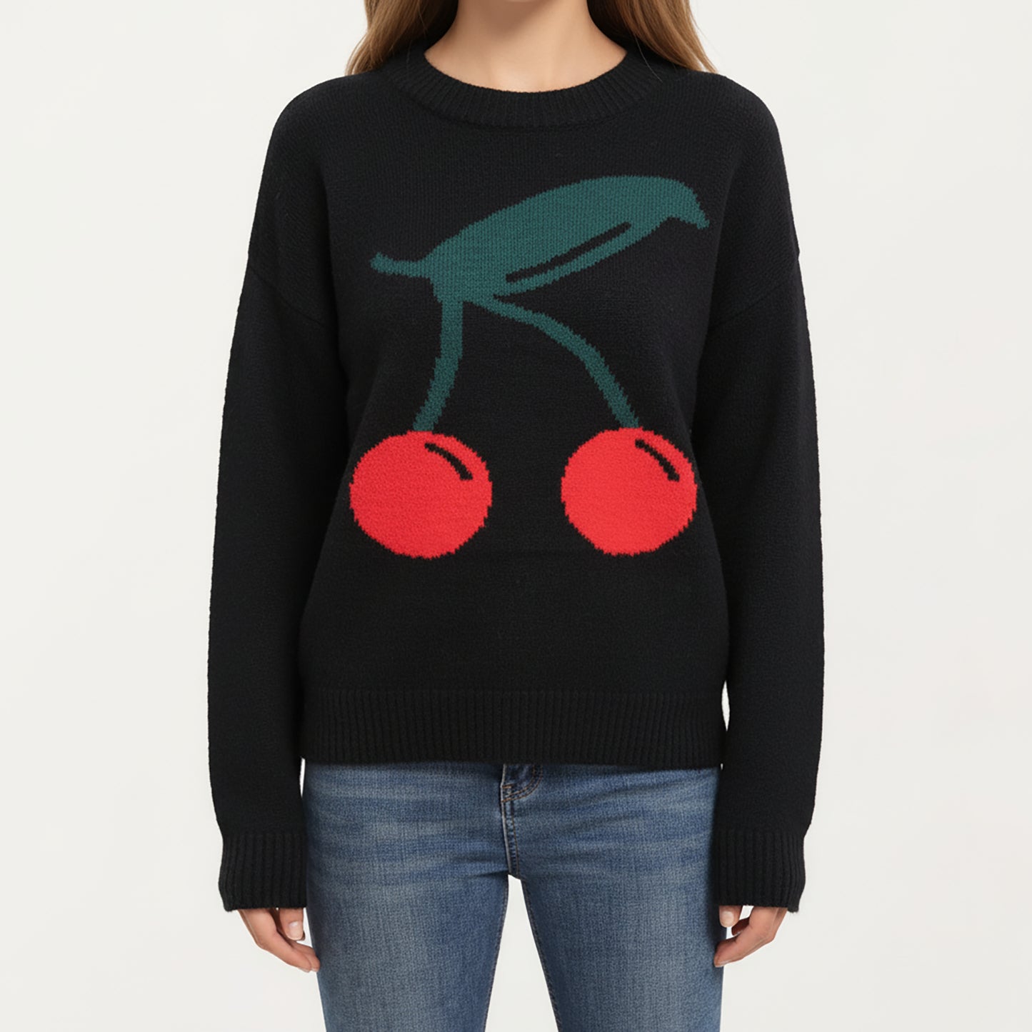 Cherry Graphic Fuzzy Knit Sweater with Textured Soft Feel Ribbed Crew Neckline and Relaxed Long Sleeve Fit