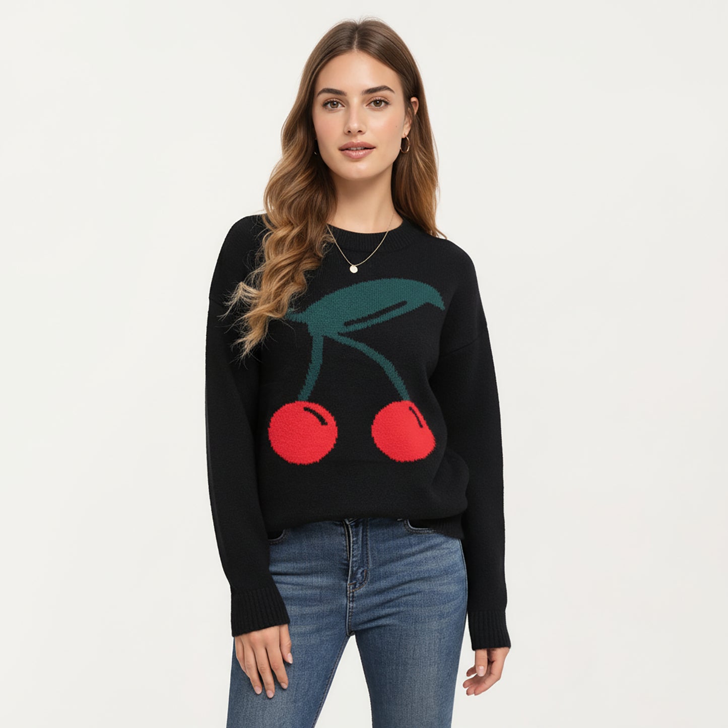 Cherry Graphic Fuzzy Knit Sweater with Textured Soft Feel Ribbed Crew Neckline and Relaxed Long Sleeve Fit