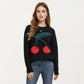 Cherry Graphic Fuzzy Knit Sweater with Textured Soft Feel Ribbed Crew Neckline and Relaxed Long Sleeve Fit