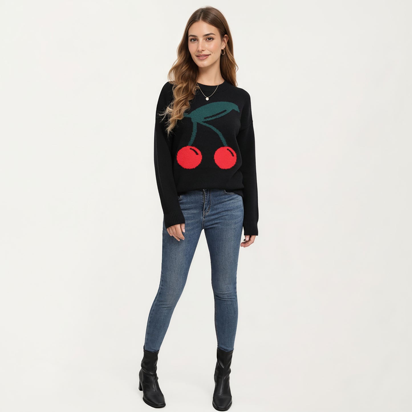 Cherry Graphic Fuzzy Knit Sweater with Textured Soft Feel Ribbed Crew Neckline and Relaxed Long Sleeve Fit