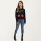 Cherry Graphic Fuzzy Knit Sweater with Textured Soft Feel Ribbed Crew Neckline and Relaxed Long Sleeve Fit