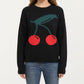 Cherry Graphic Fuzzy Knit Sweater with Textured Soft Feel Ribbed Crew Neckline and Relaxed Long Sleeve Fit