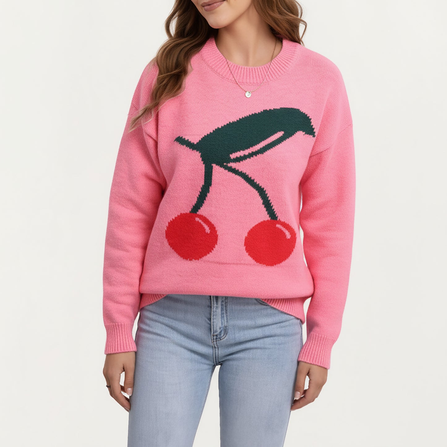 Cherry Graphic Fuzzy Knit Sweater with Textured Soft Feel Ribbed Crew Neckline and Relaxed Long Sleeve Fit