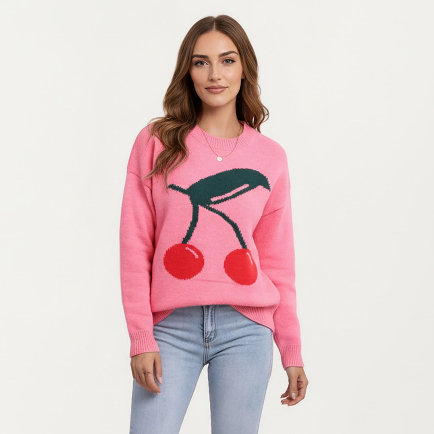 Cherry Graphic Fuzzy Knit Sweater with Textured Soft Feel Ribbed Crew Neckline and Relaxed Long Sleeve Fit