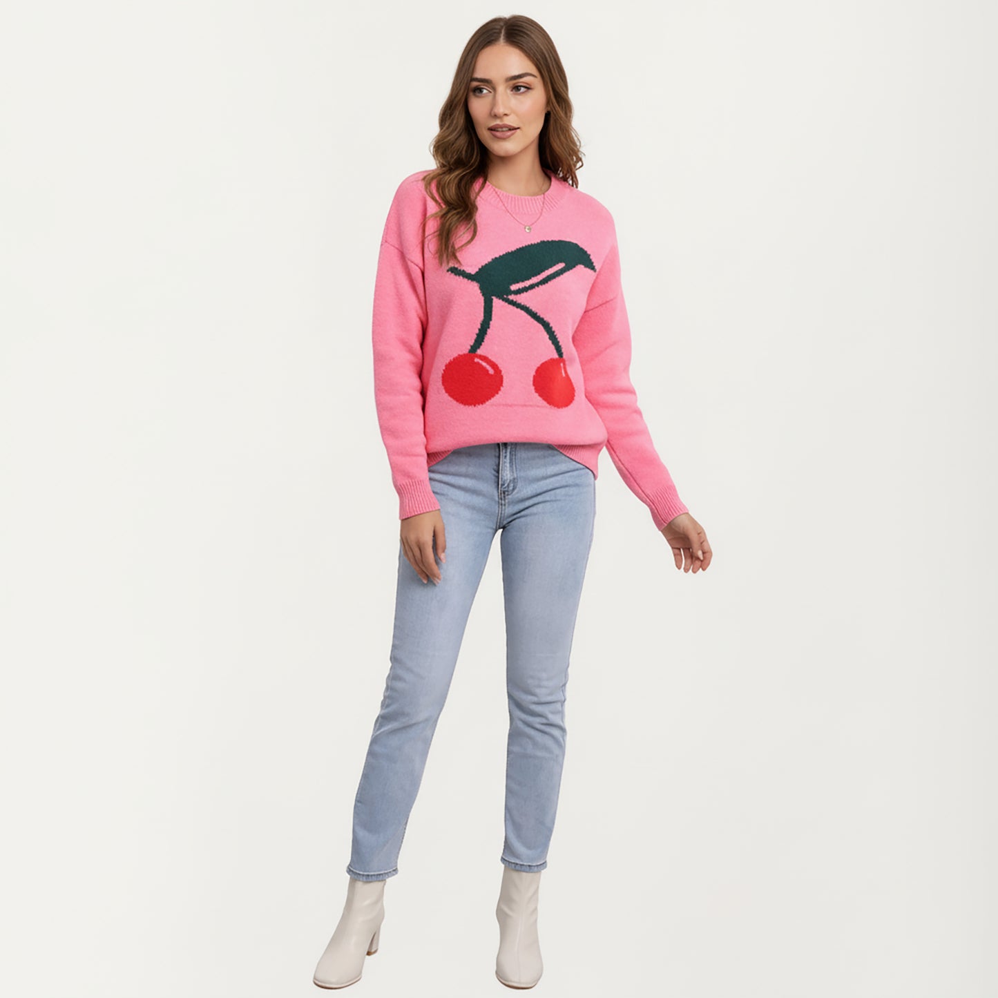 Cherry Graphic Fuzzy Knit Sweater with Textured Soft Feel Ribbed Crew Neckline and Relaxed Long Sleeve Fit