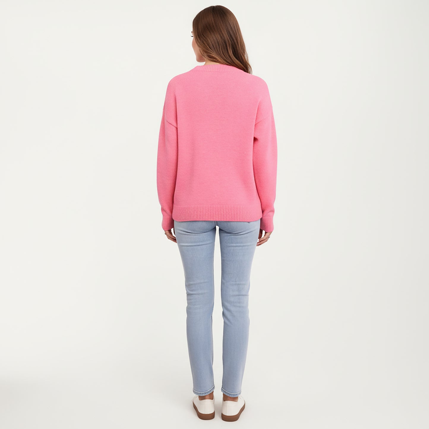 Cherry Graphic Fuzzy Knit Sweater with Textured Soft Feel Ribbed Crew Neckline and Relaxed Long Sleeve Fit