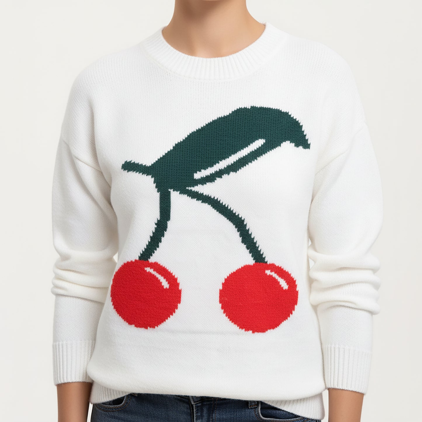 Cherry Graphic Fuzzy Knit Sweater with Textured Soft Feel Ribbed Crew Neckline and Relaxed Long Sleeve Fit