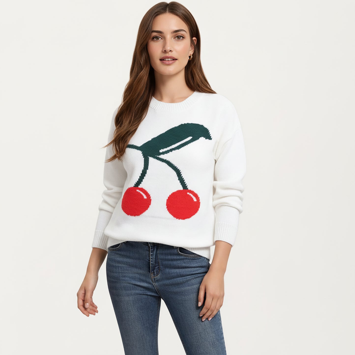 Cherry Graphic Fuzzy Knit Sweater with Textured Soft Feel Ribbed Crew Neckline and Relaxed Long Sleeve Fit