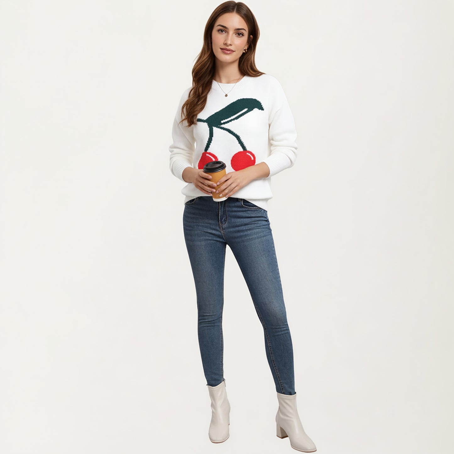Cherry Graphic Fuzzy Knit Sweater with Textured Soft Feel Ribbed Crew Neckline and Relaxed Long Sleeve Fit