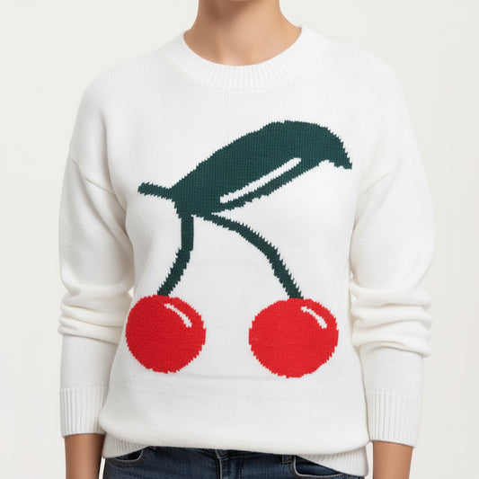 Cherry Graphic Fuzzy Knit Sweater with Textured Soft Feel Ribbed Crew Neckline and Relaxed Long Sleeve Fit
