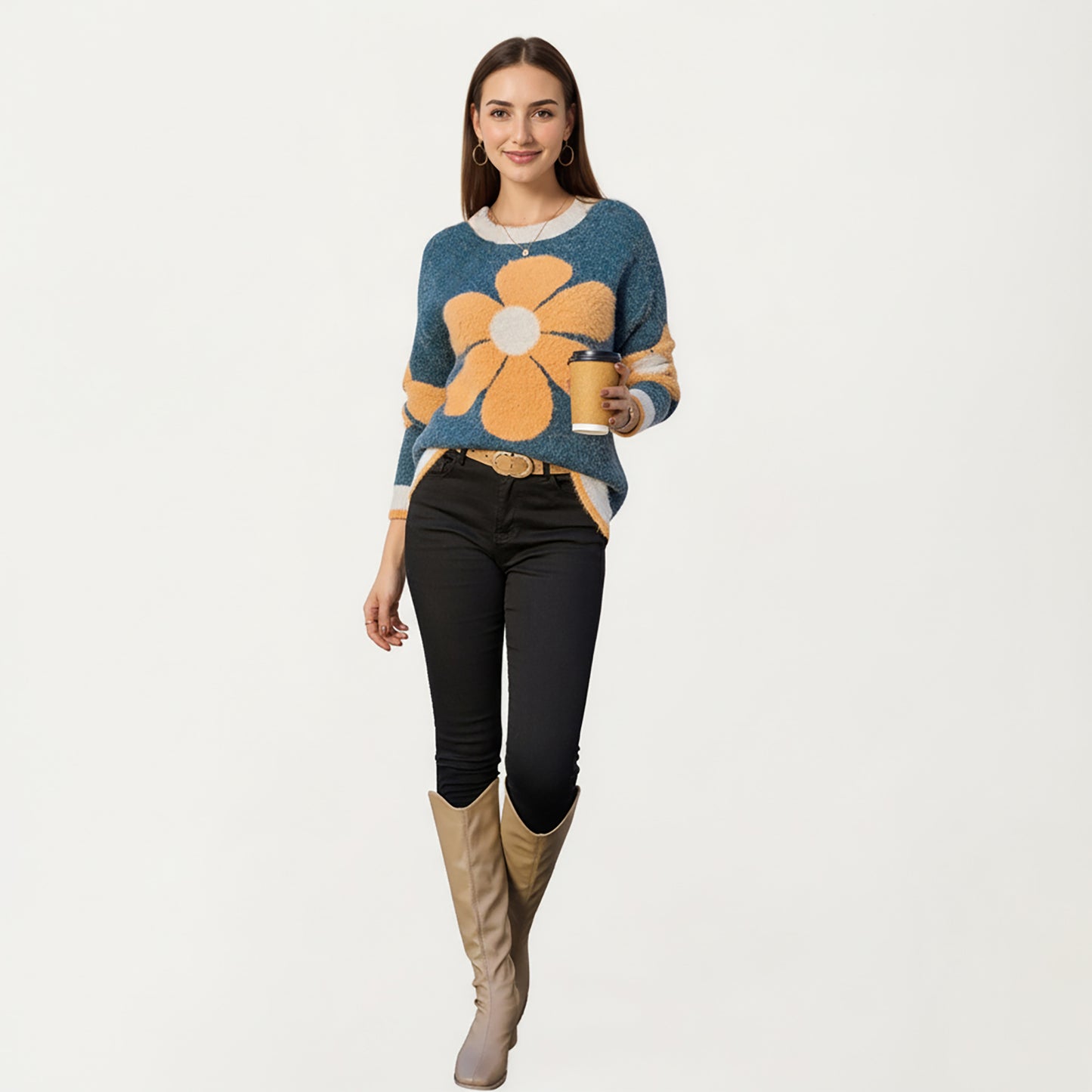 Large Floral Graphic Pattern Fuzzy Knit Sweater with Soft Textured Feel Ribbed Crew Neckline and Relaxed Fit