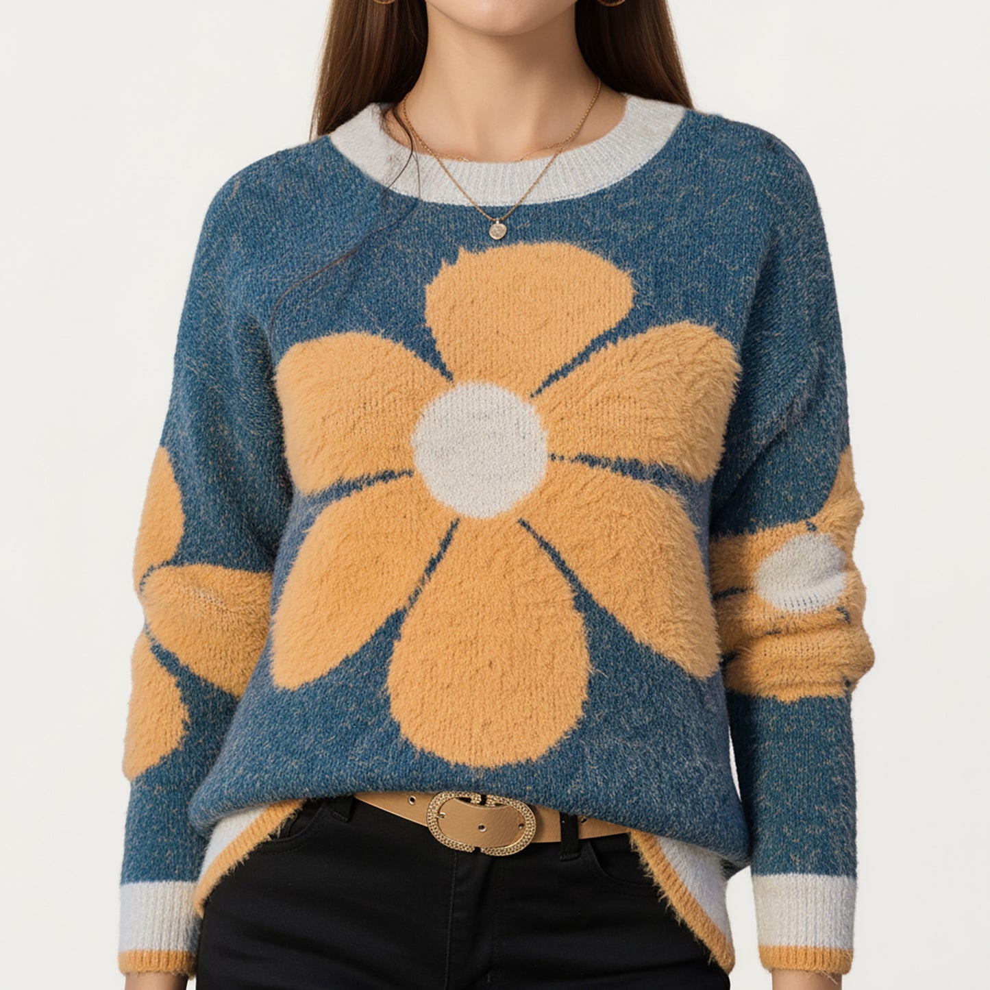Large Floral Graphic Pattern Fuzzy Knit Sweater with Soft Textured Feel Ribbed Crew Neckline and Relaxed Fit