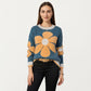 Large Floral Graphic Pattern Fuzzy Knit Sweater with Soft Textured Feel Ribbed Crew Neckline and Relaxed Fit