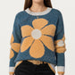 Large Floral Graphic Pattern Fuzzy Knit Sweater with Soft Textured Feel Ribbed Crew Neckline and Relaxed Fit
