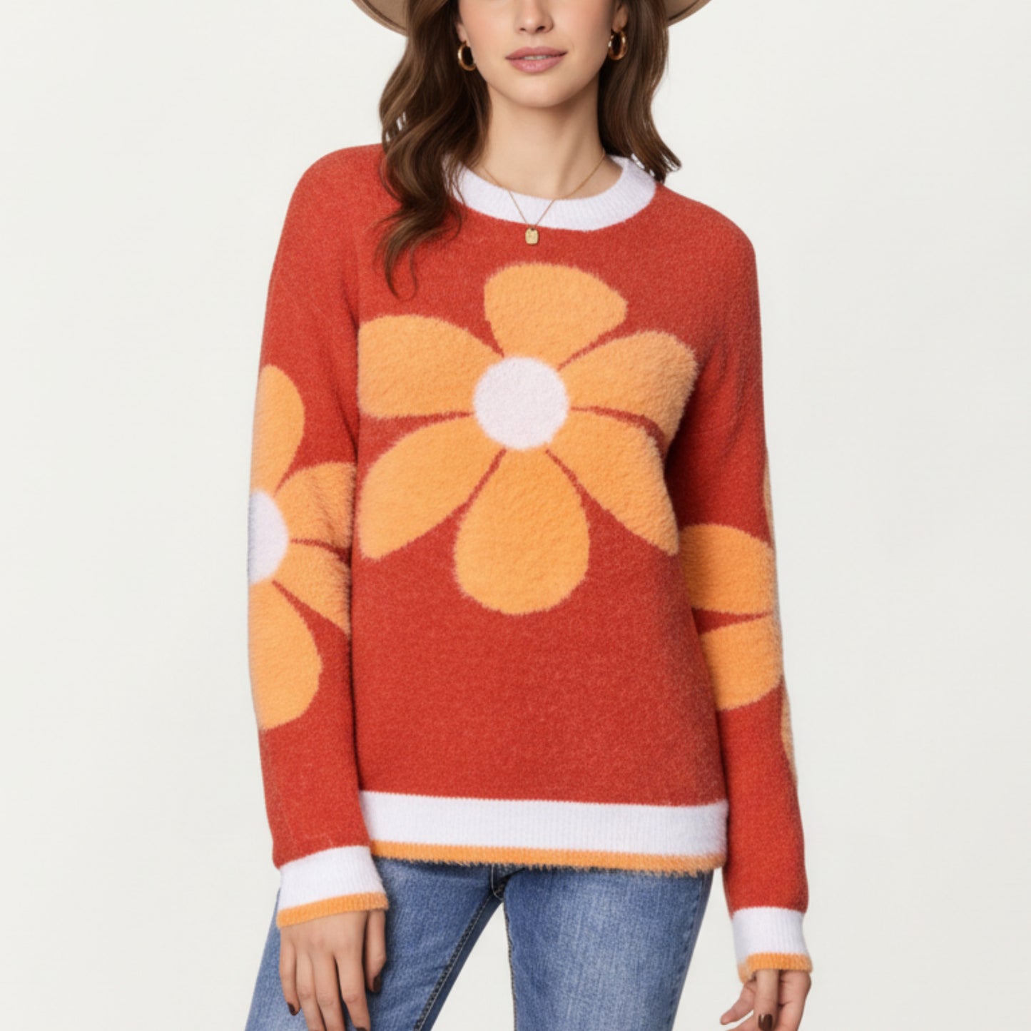 Large Floral Graphic Pattern Fuzzy Knit Sweater with Soft Textured Feel Ribbed Crew Neckline and Relaxed Fit