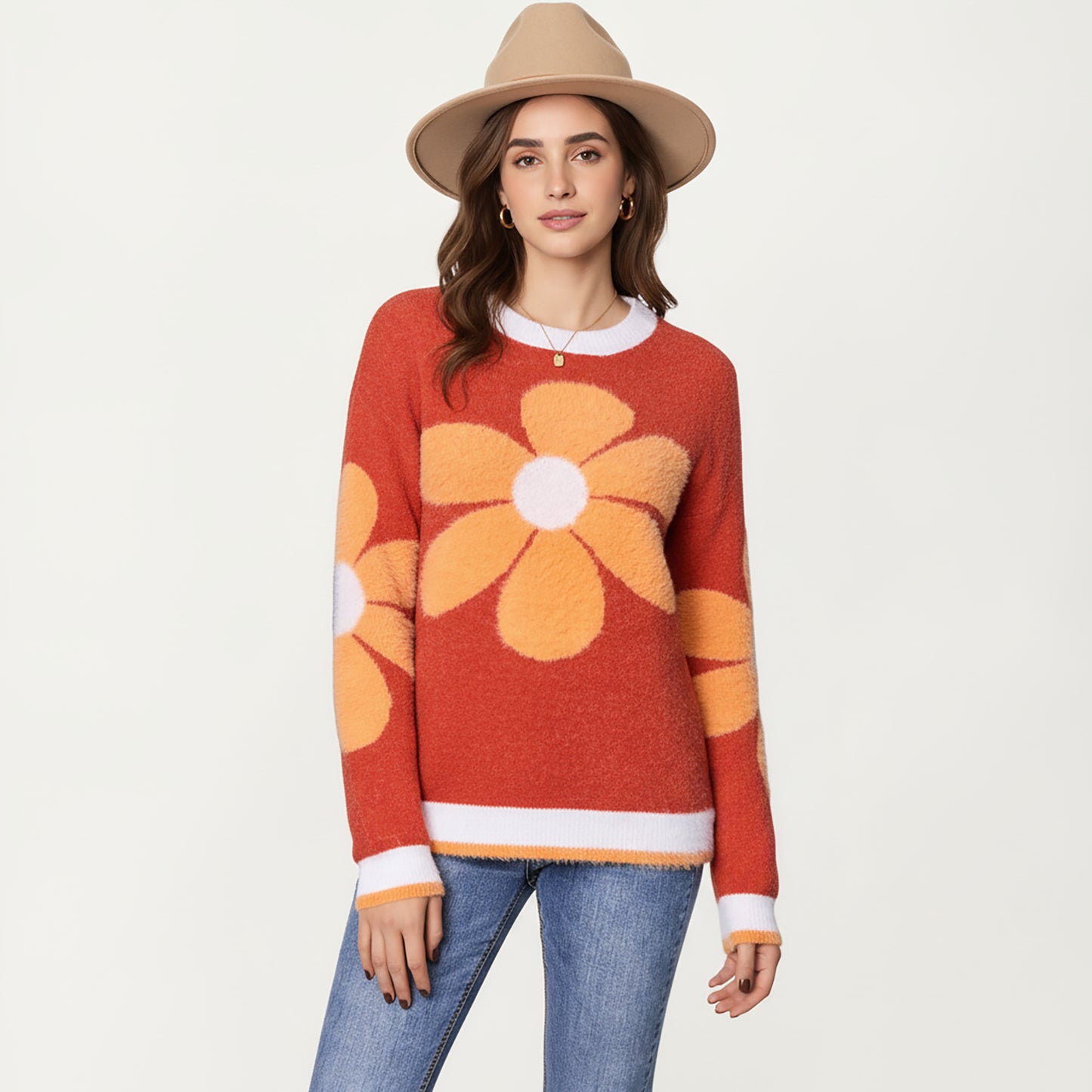 Large Floral Graphic Pattern Fuzzy Knit Sweater with Soft Textured Feel Ribbed Crew Neckline and Relaxed Fit