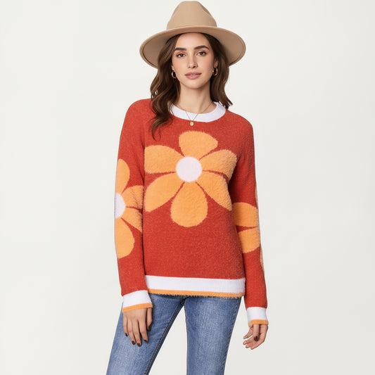 Large Floral Graphic Pattern Fuzzy Knit Sweater with Soft Textured Feel Ribbed Crew Neckline and Relaxed Fit
