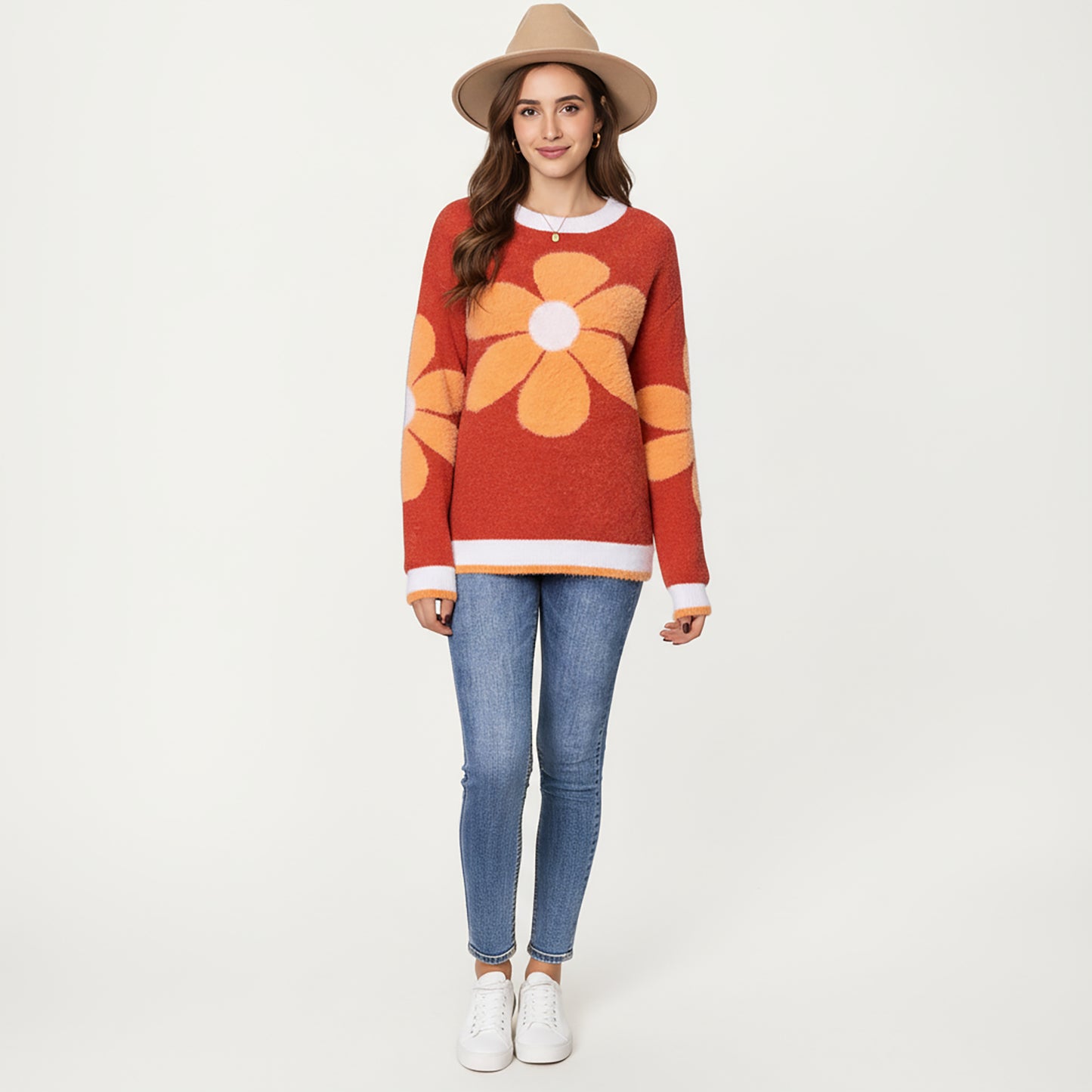 Large Floral Graphic Pattern Fuzzy Knit Sweater with Soft Textured Feel Ribbed Crew Neckline and Relaxed Fit
