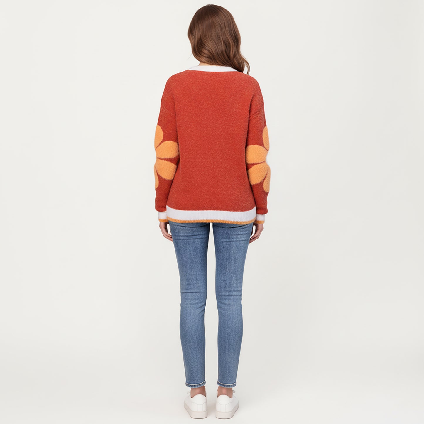 Large Floral Graphic Pattern Fuzzy Knit Sweater with Soft Textured Feel Ribbed Crew Neckline and Relaxed Fit