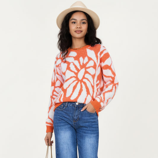 Bold Abstract Floral Pattern Knit Sweater with Soft Textured Feel Ribbed Crew Neckline and Relaxed Silhouette