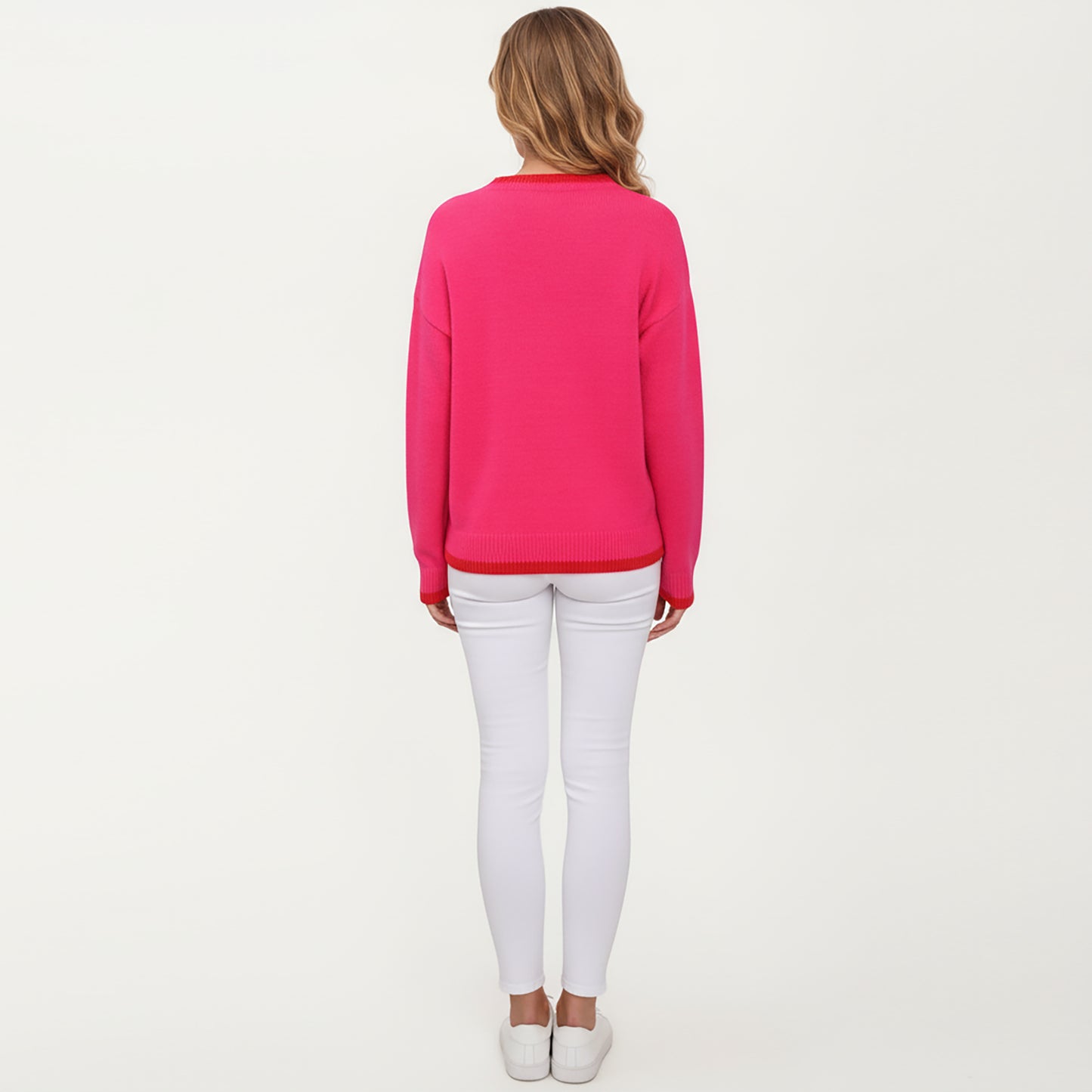 Strawberry Graphic Knit Sweater with Cute Fruit Design Ribbed Crew Neckline and Relaxed Long Sleeve Fit