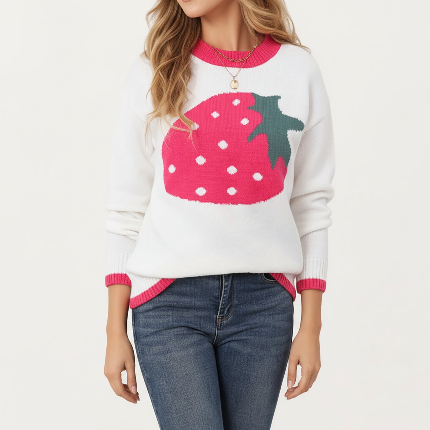 Strawberry Graphic Knit Sweater with Cute Fruit Design Ribbed Crew Neckline and Relaxed Long Sleeve Fit