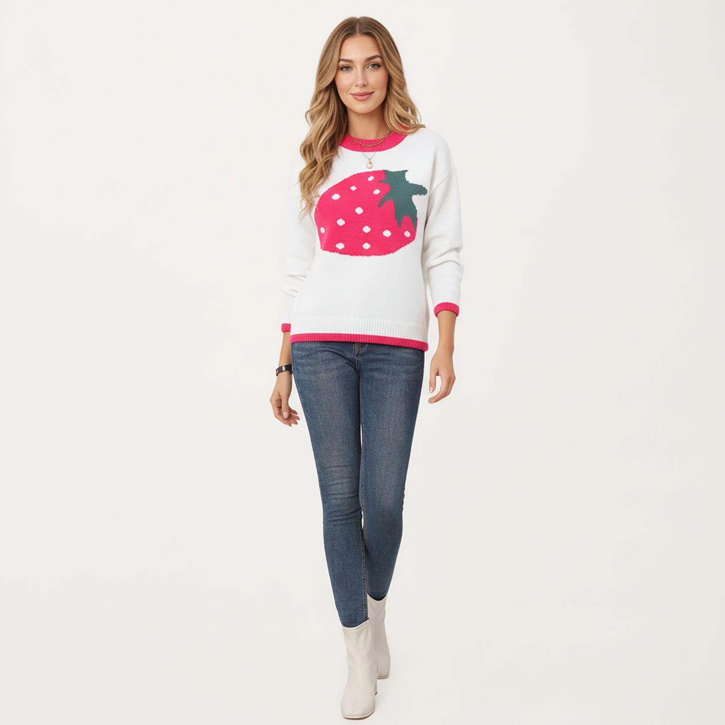 Strawberry Graphic Knit Sweater with Cute Fruit Design Ribbed Crew Neckline and Relaxed Long Sleeve Fit