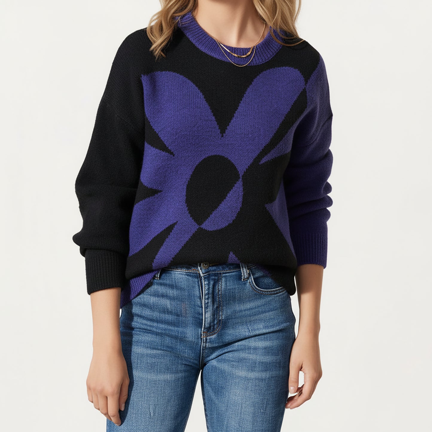 Bold Graphic Floral Pattern Knit Sweater with Soft Crew Neckline and Relaxed Long Sleeve Pullover Fit