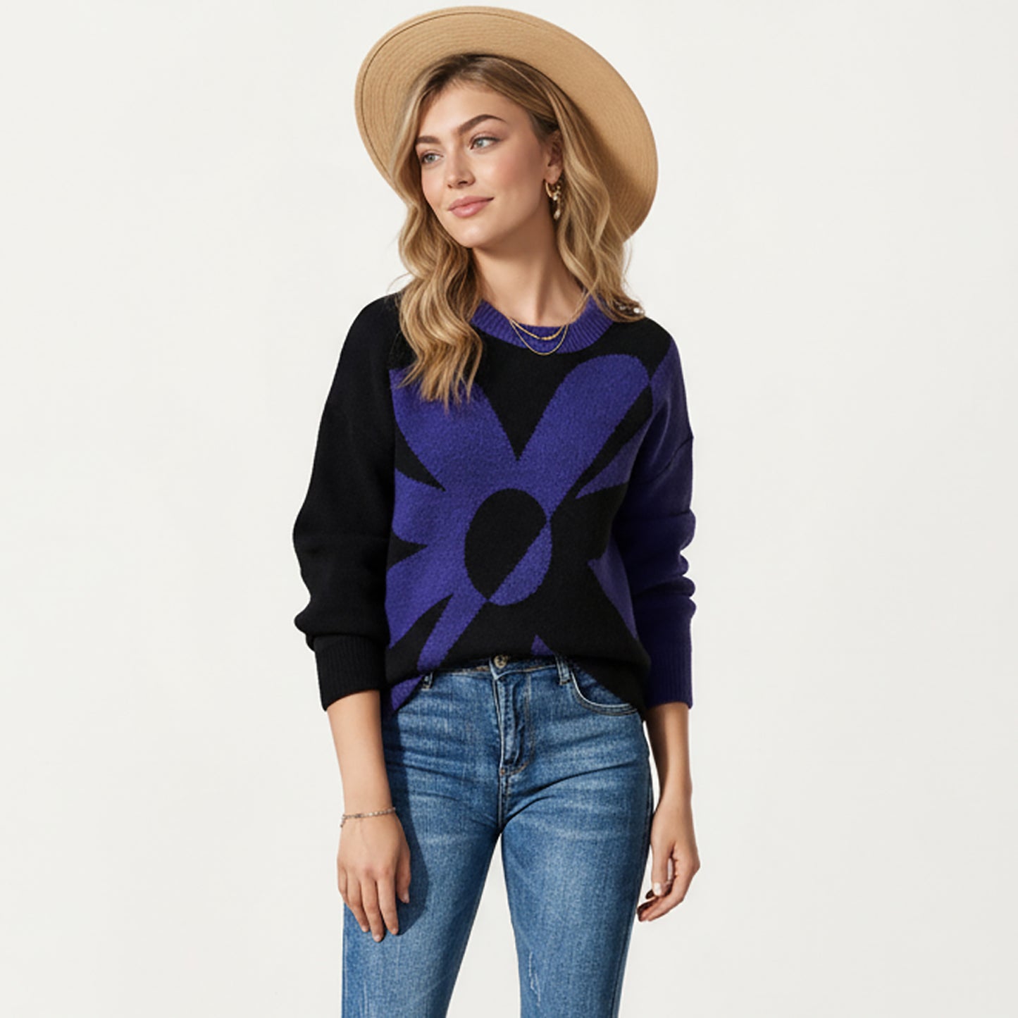 Bold Graphic Floral Pattern Knit Sweater with Soft Crew Neckline and Relaxed Long Sleeve Pullover Fit