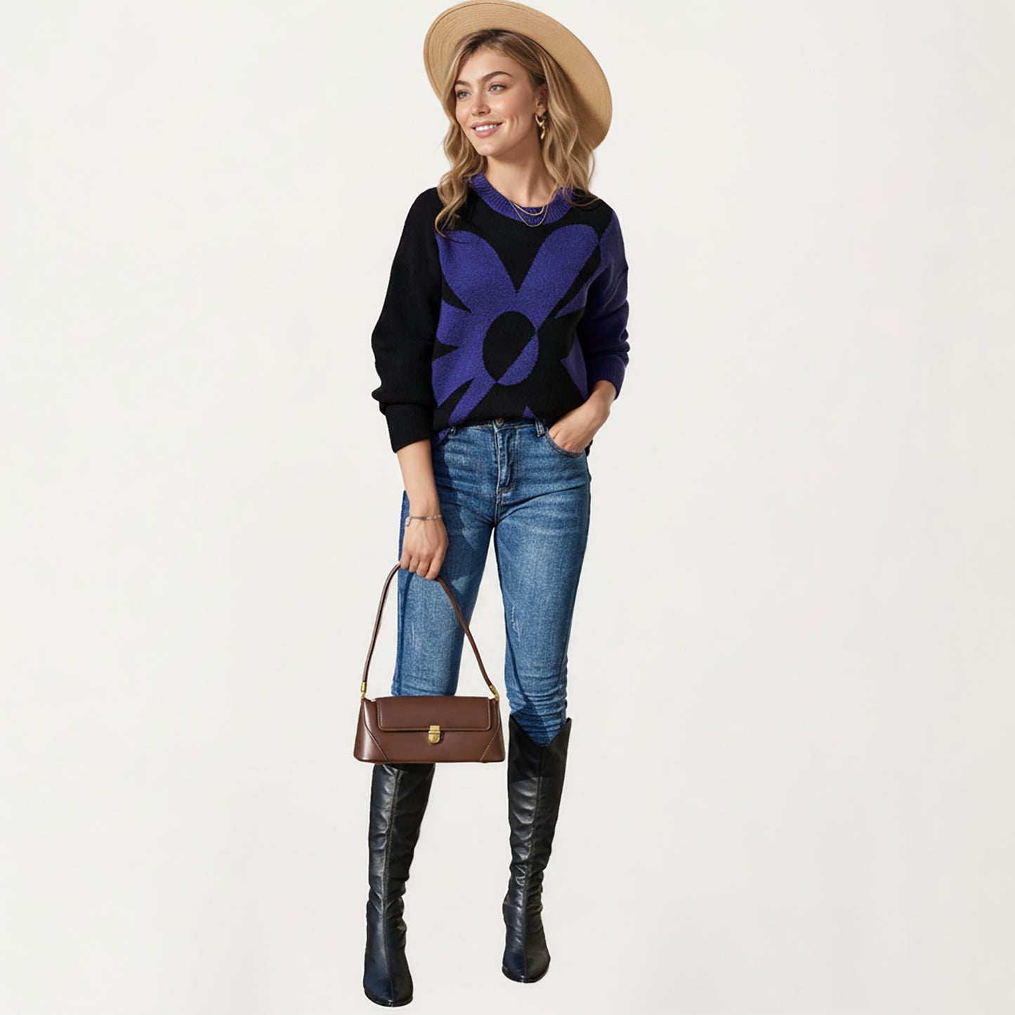 Bold Graphic Floral Pattern Knit Sweater with Soft Crew Neckline and Relaxed Long Sleeve Pullover Fit