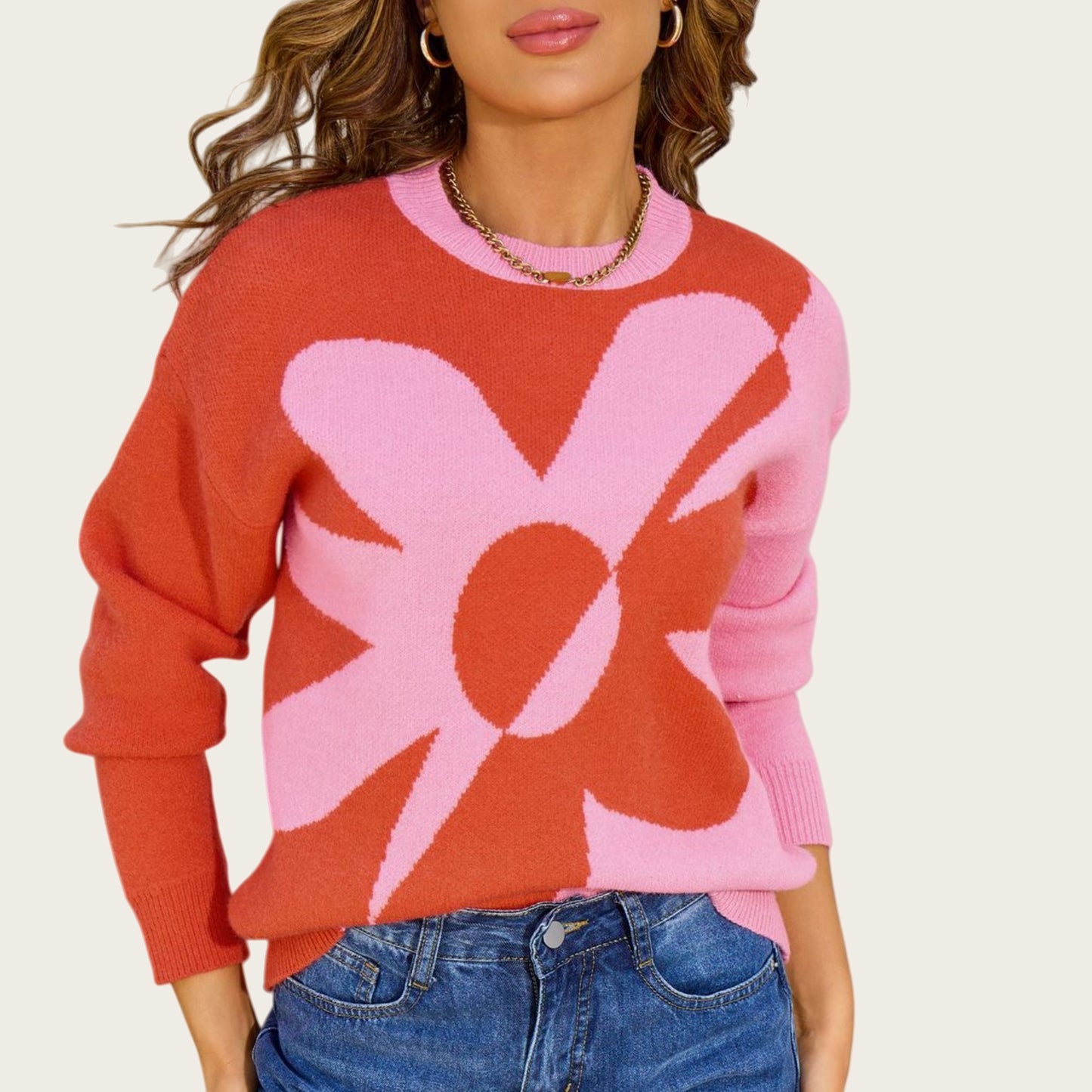 Bold Graphic Floral Pattern Knit Sweater with Soft Crew Neckline and Relaxed Long Sleeve Pullover Fit