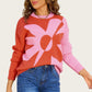 Bold Graphic Floral Pattern Knit Sweater with Soft Crew Neckline and Relaxed Long Sleeve Pullover Fit