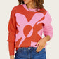 Bold Graphic Floral Pattern Knit Sweater with Soft Crew Neckline and Relaxed Long Sleeve Pullover Fit