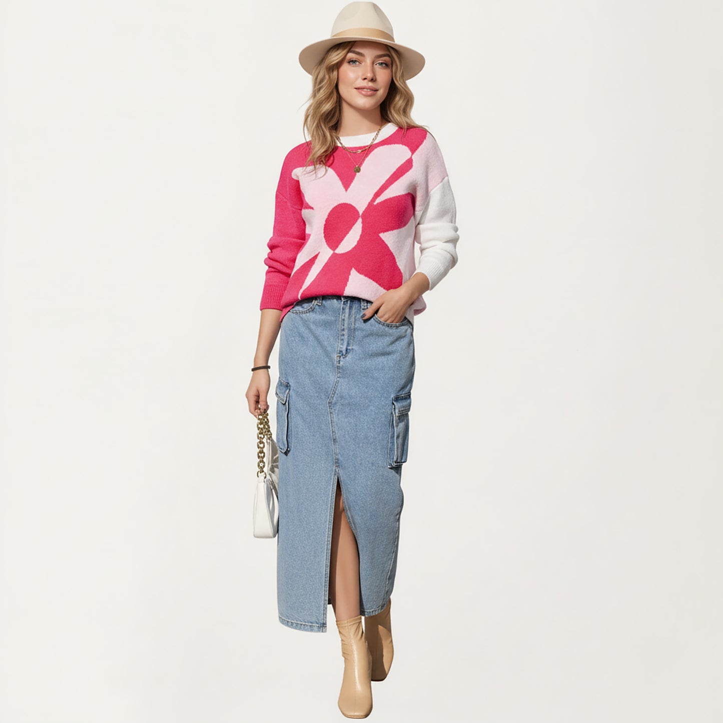 Bold Graphic Floral Pattern Knit Sweater with Soft Crew Neckline and Relaxed Long Sleeve Pullover Fit