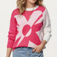 Bold Graphic Floral Pattern Knit Sweater with Soft Crew Neckline and Relaxed Long Sleeve Pullover Fit
