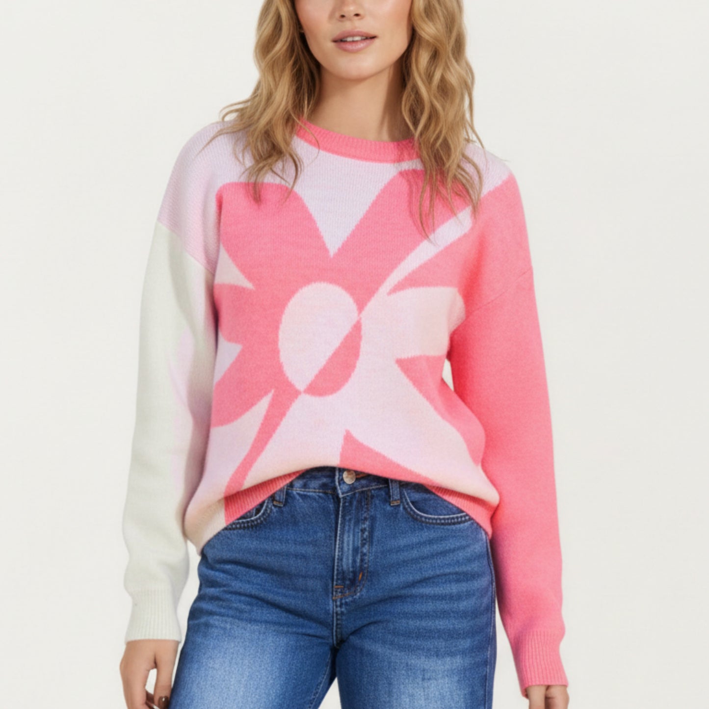 Bold Graphic Floral Pattern Knit Sweater with Soft Crew Neckline and Relaxed Long Sleeve Pullover Fit