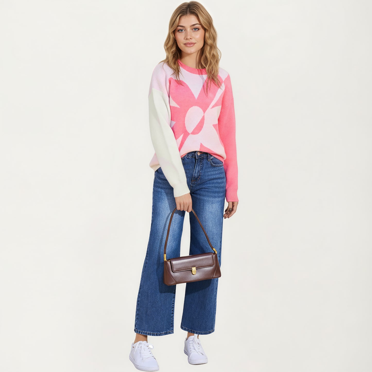 Bold Graphic Floral Pattern Knit Sweater with Soft Crew Neckline and Relaxed Long Sleeve Pullover Fit