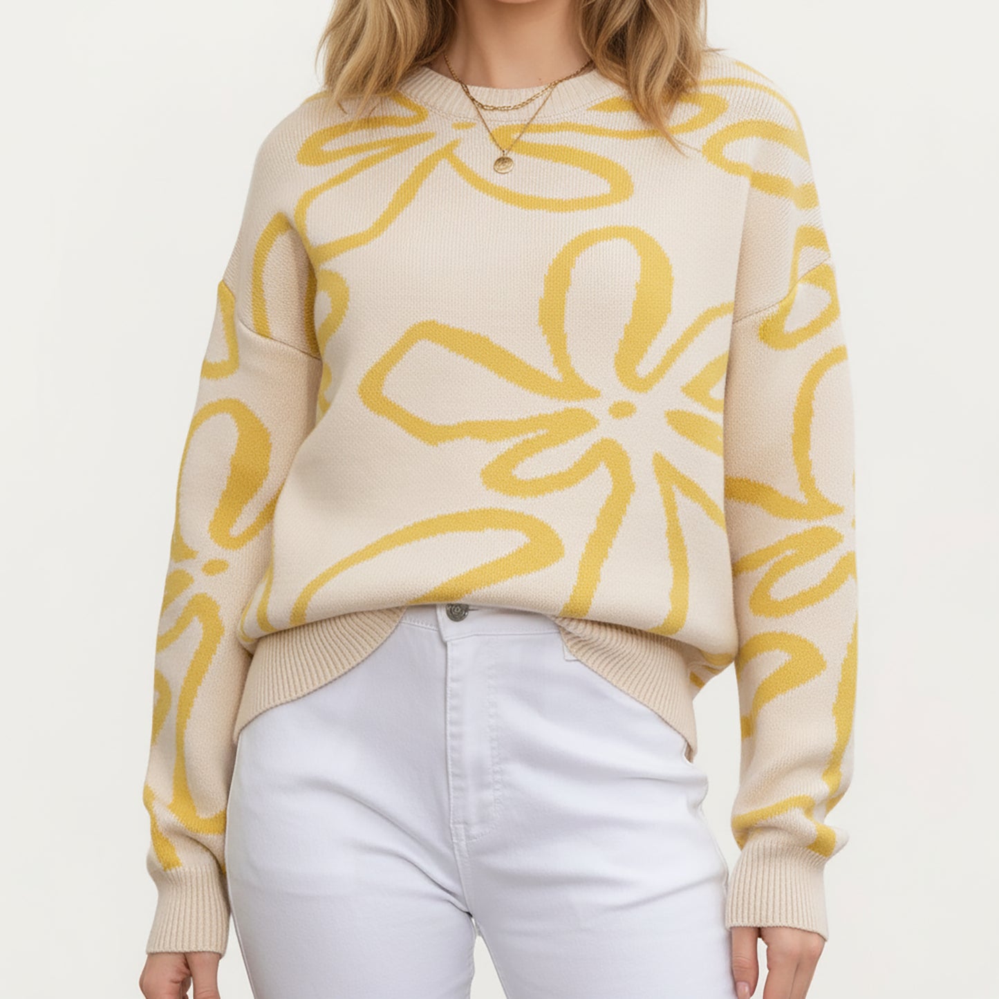 Abstract Floral Pattern Knit Sweater with Soft Crew Neckline and Relaxed Long Sleeve Pullover Design