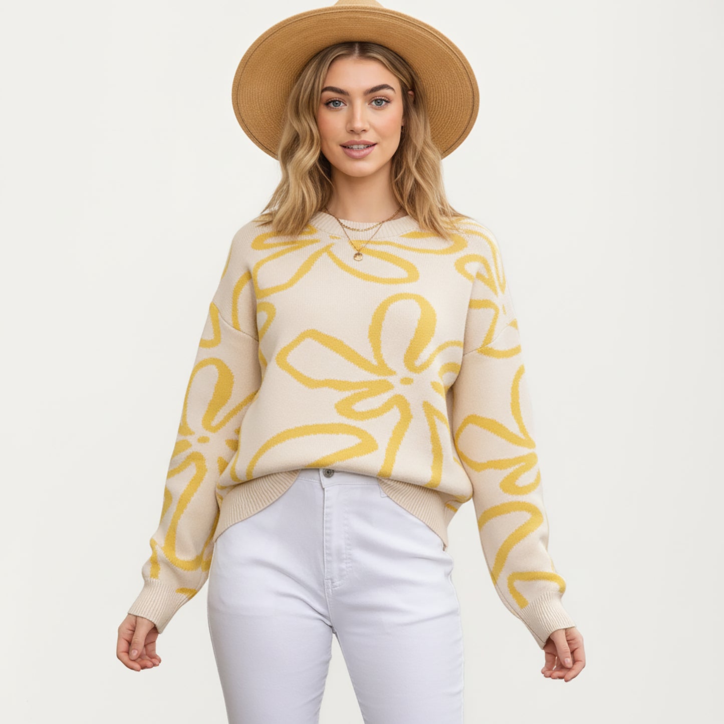 Abstract Floral Pattern Knit Sweater with Soft Crew Neckline and Relaxed Long Sleeve Pullover Design
