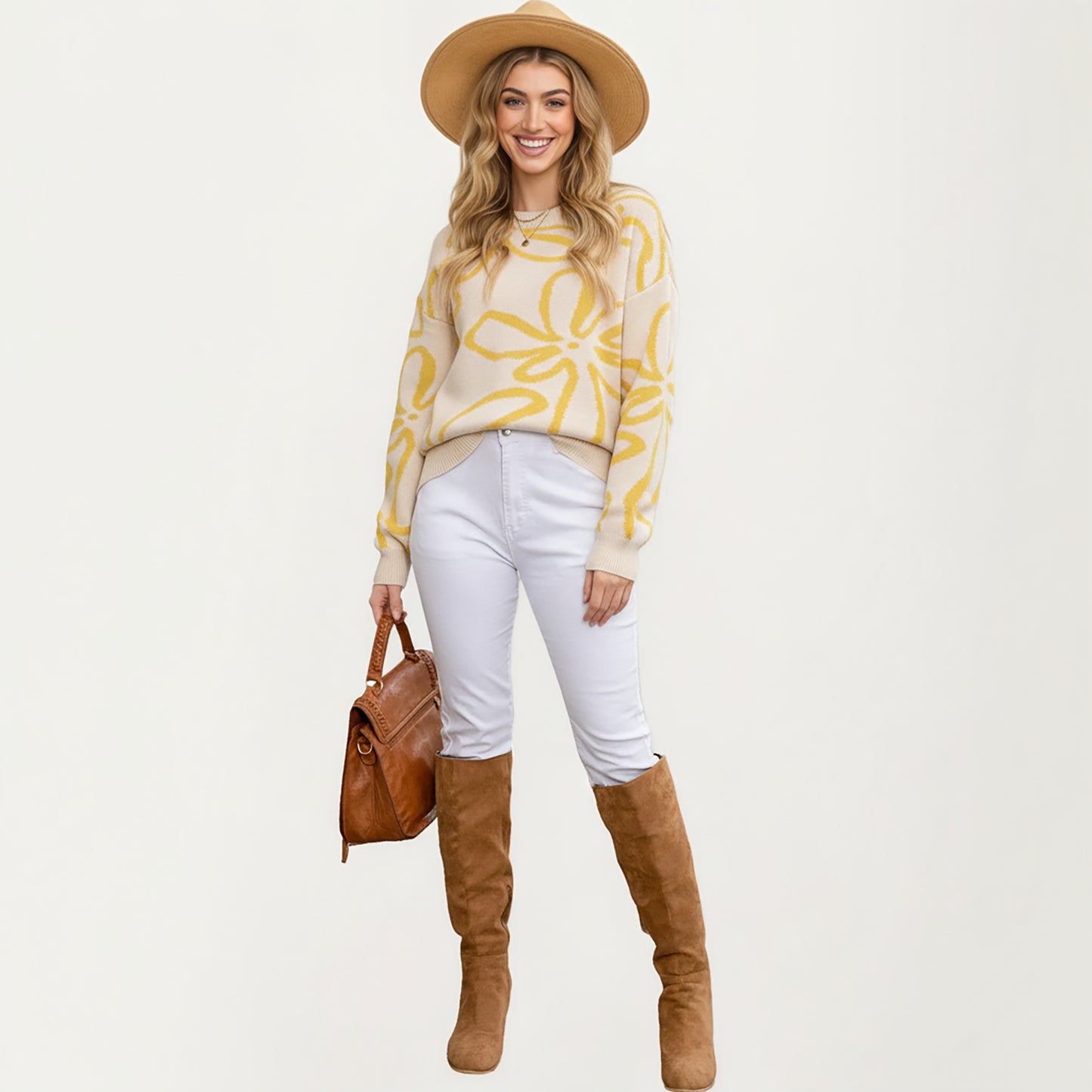 Abstract Floral Pattern Knit Sweater with Soft Crew Neckline and Relaxed Long Sleeve Pullover Design