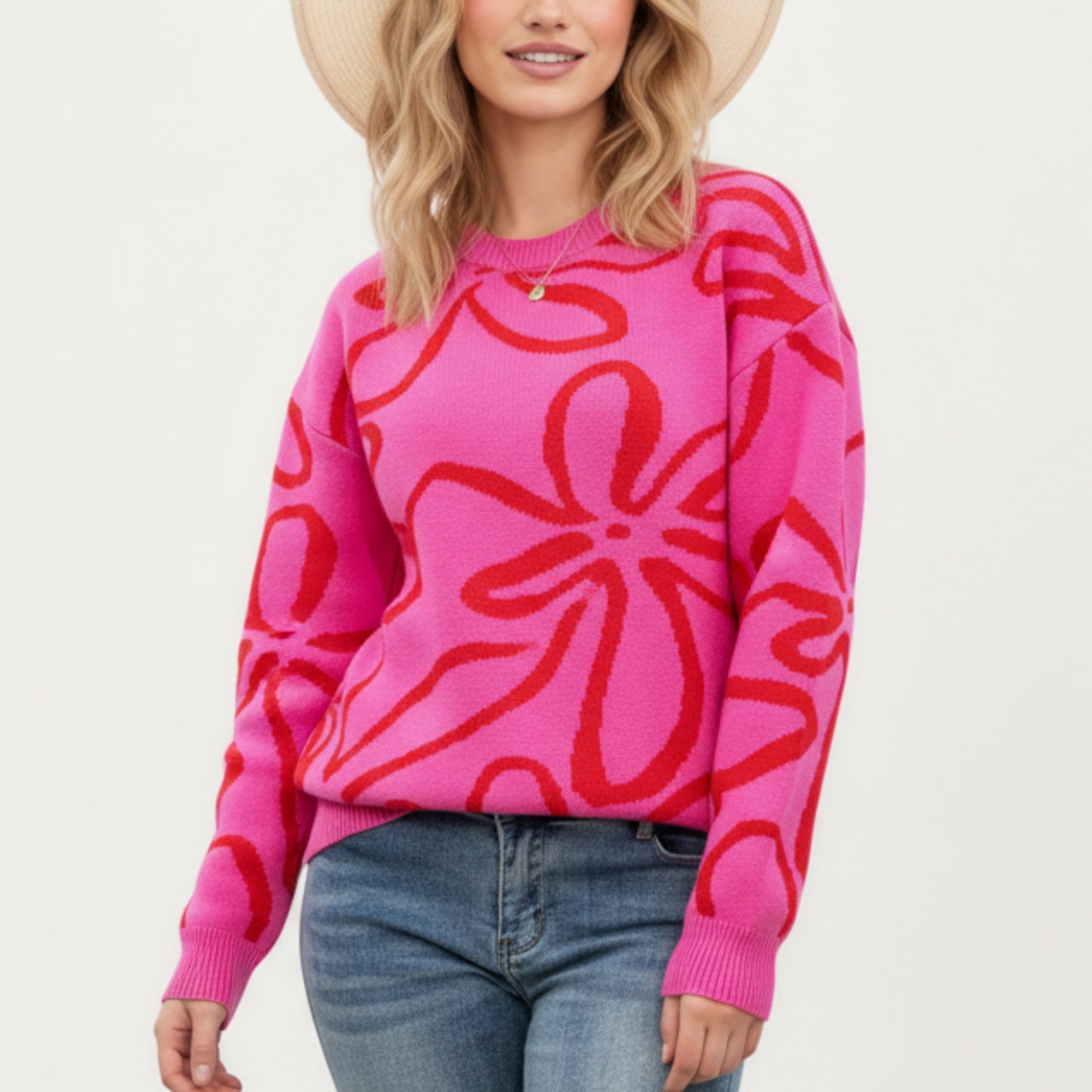 Abstract Floral Pattern Knit Sweater with Soft Crew Neckline and Relaxed Long Sleeve Pullover Design