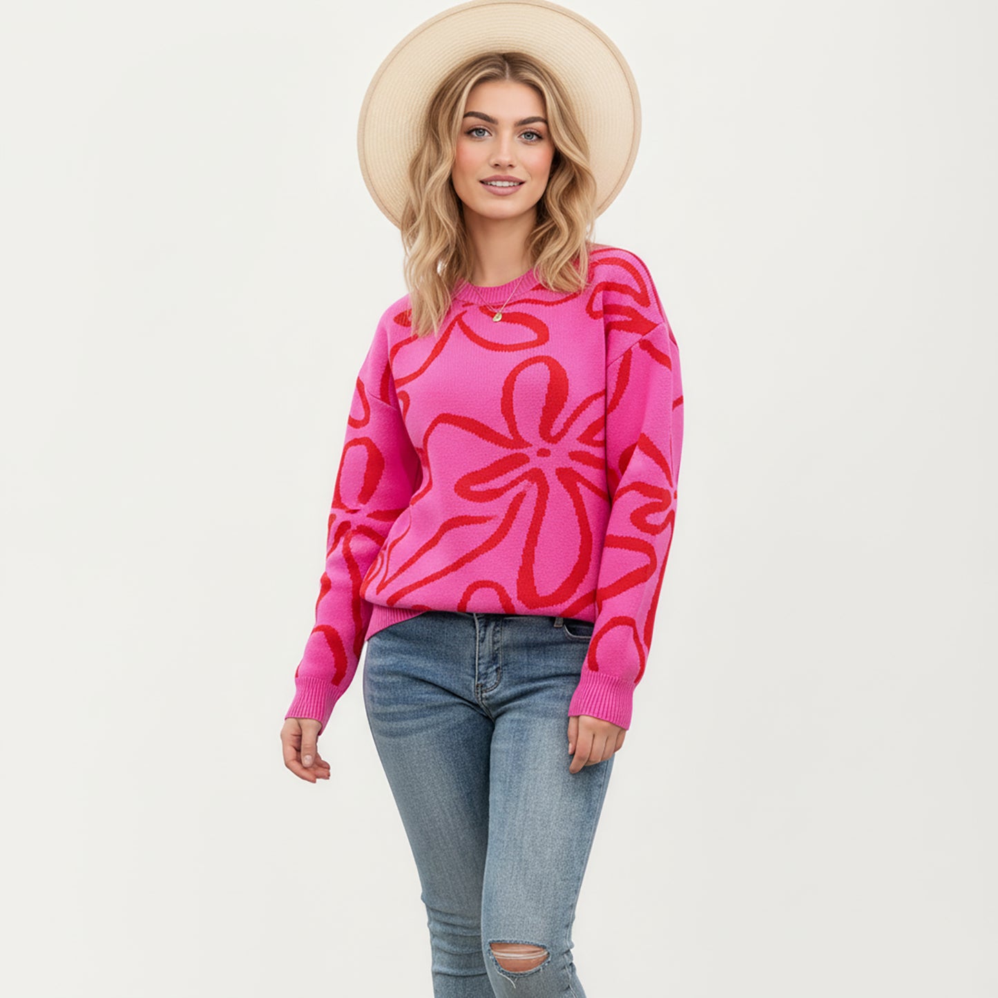 Abstract Floral Pattern Knit Sweater with Soft Crew Neckline and Relaxed Long Sleeve Pullover Design