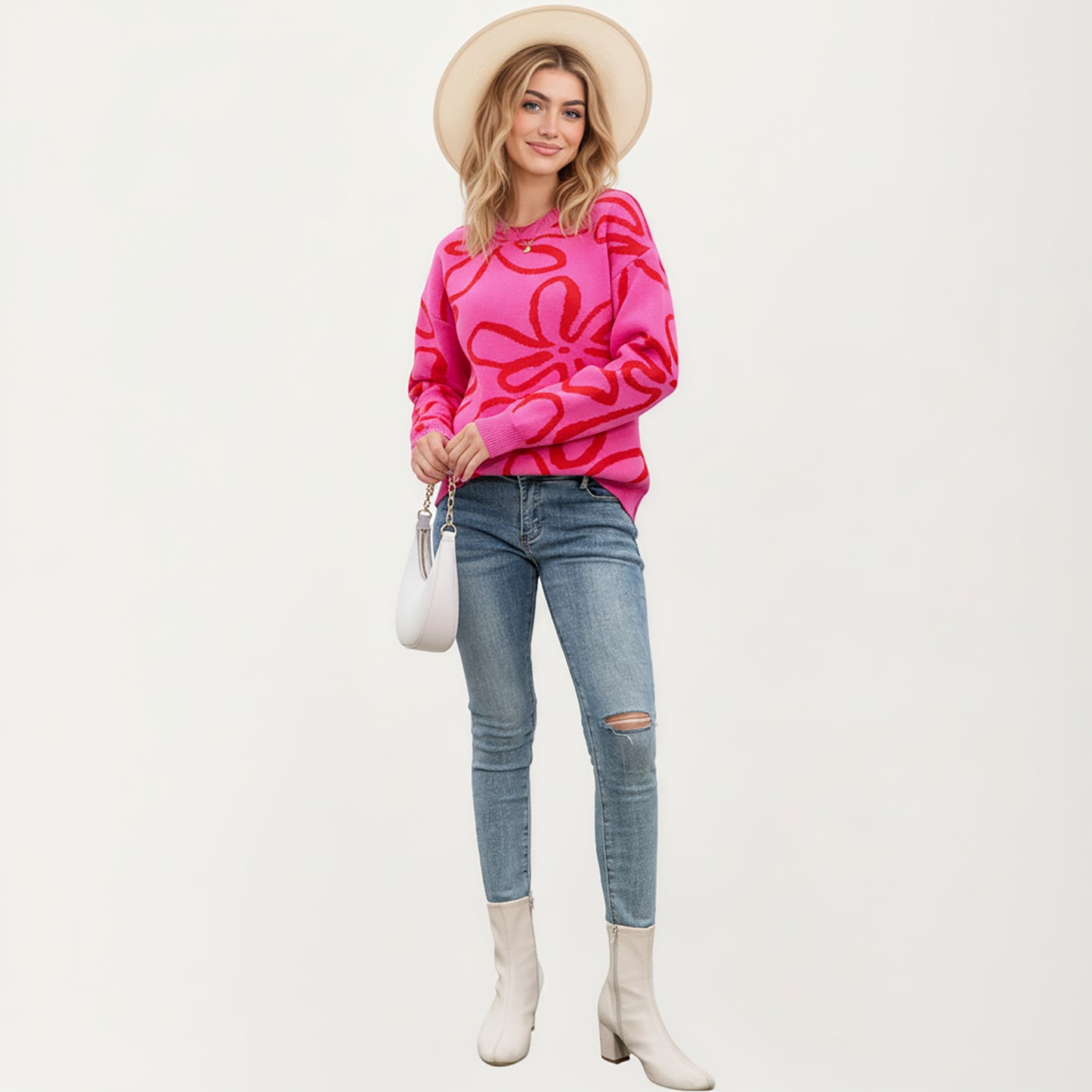 Abstract Floral Pattern Knit Sweater with Soft Crew Neckline and Relaxed Long Sleeve Pullover Design