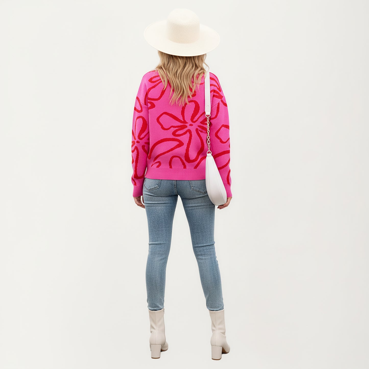 Abstract Floral Pattern Knit Sweater with Soft Crew Neckline and Relaxed Long Sleeve Pullover Design
