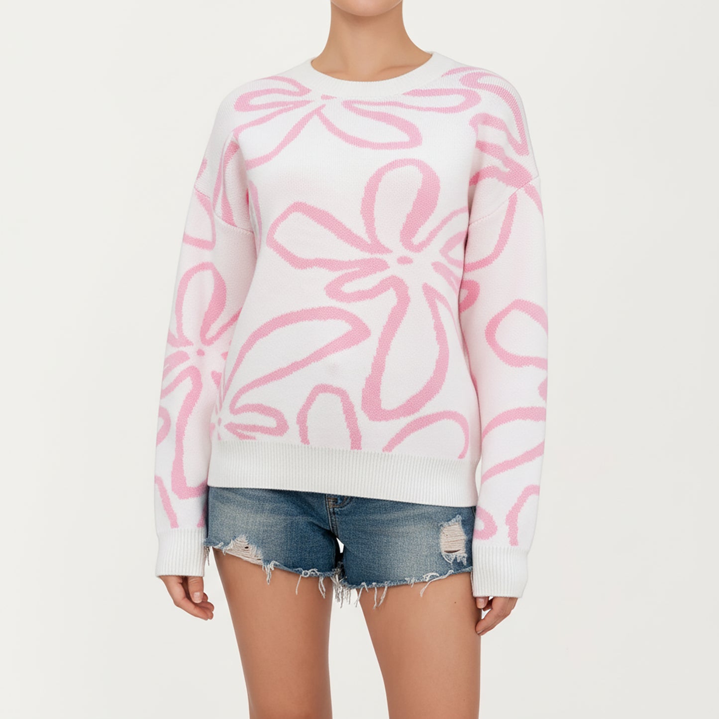 Abstract Floral Pattern Knit Sweater with Soft Crew Neckline and Relaxed Long Sleeve Pullover Design