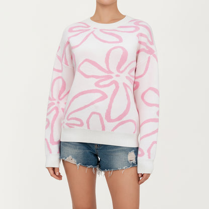 Abstract Floral Pattern Knit Sweater with Soft Crew Neckline and Relaxed Long Sleeve Pullover Design