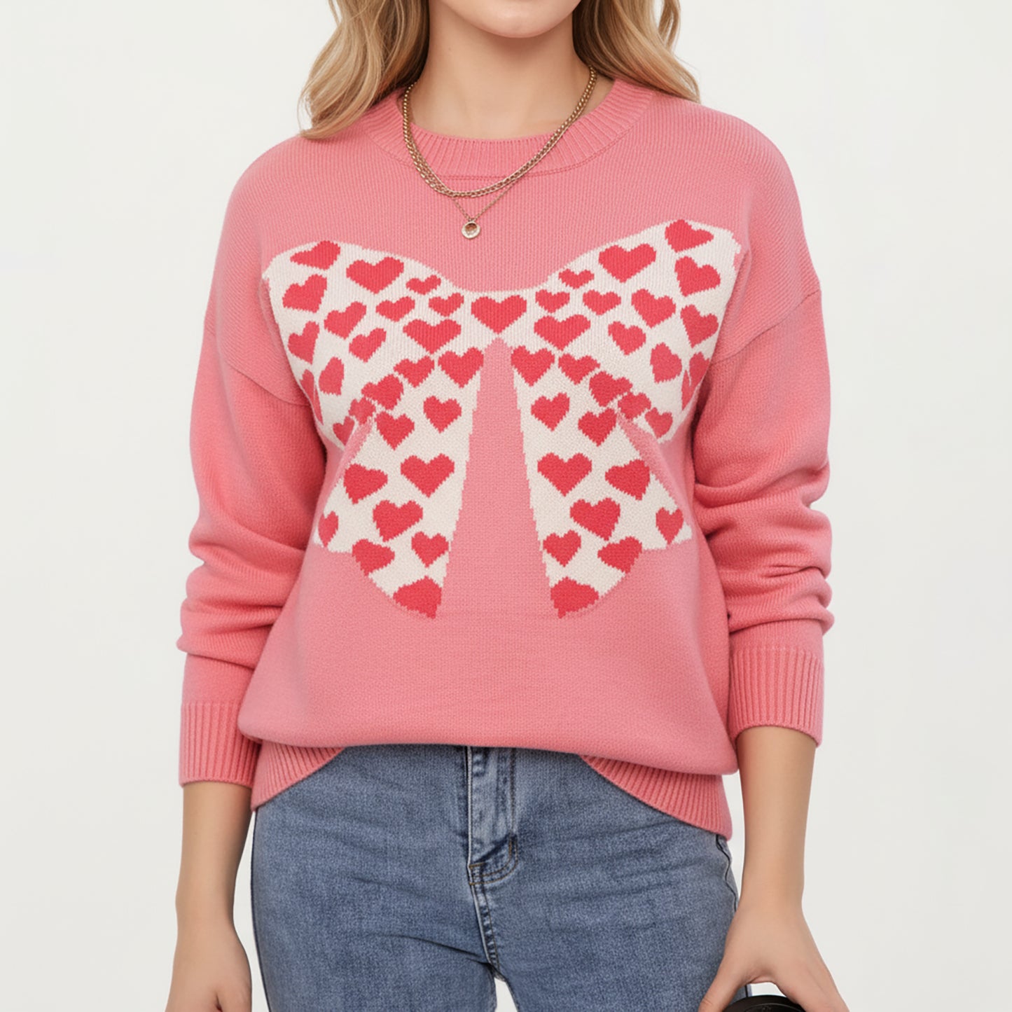 Heart Bow Knit Sweater with Playful Graphic Design, Soft Crew Neck Fit and Cozy Long Sleeve Detailing