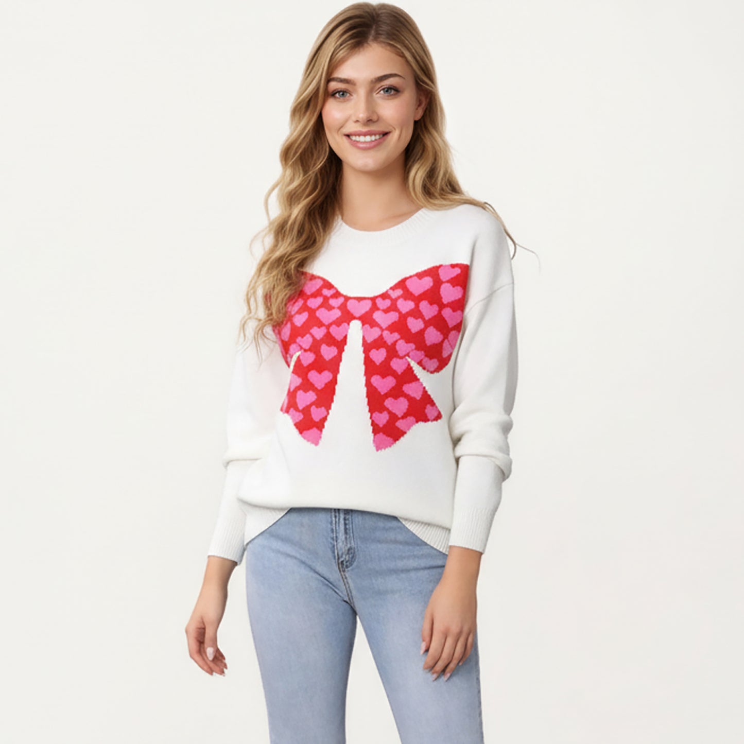 Heart Bow Knit Sweater with Playful Graphic Design, Soft Crew Neck Fit and Cozy Long Sleeve Detailing