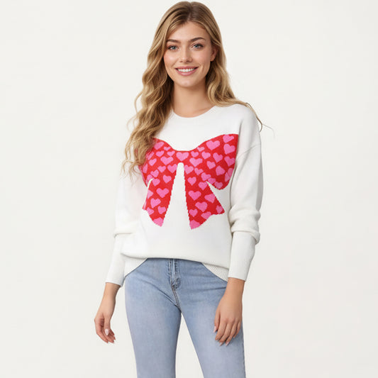 Heart Bow Knit Sweater with Playful Graphic Design, Soft Crew Neck Fit and Cozy Long Sleeve Detailing